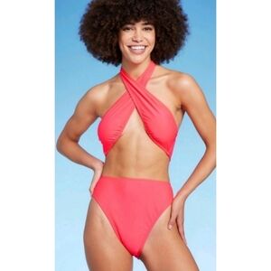 Wild Fable One Piece Cross Front Halter Monokini Coral Size XS